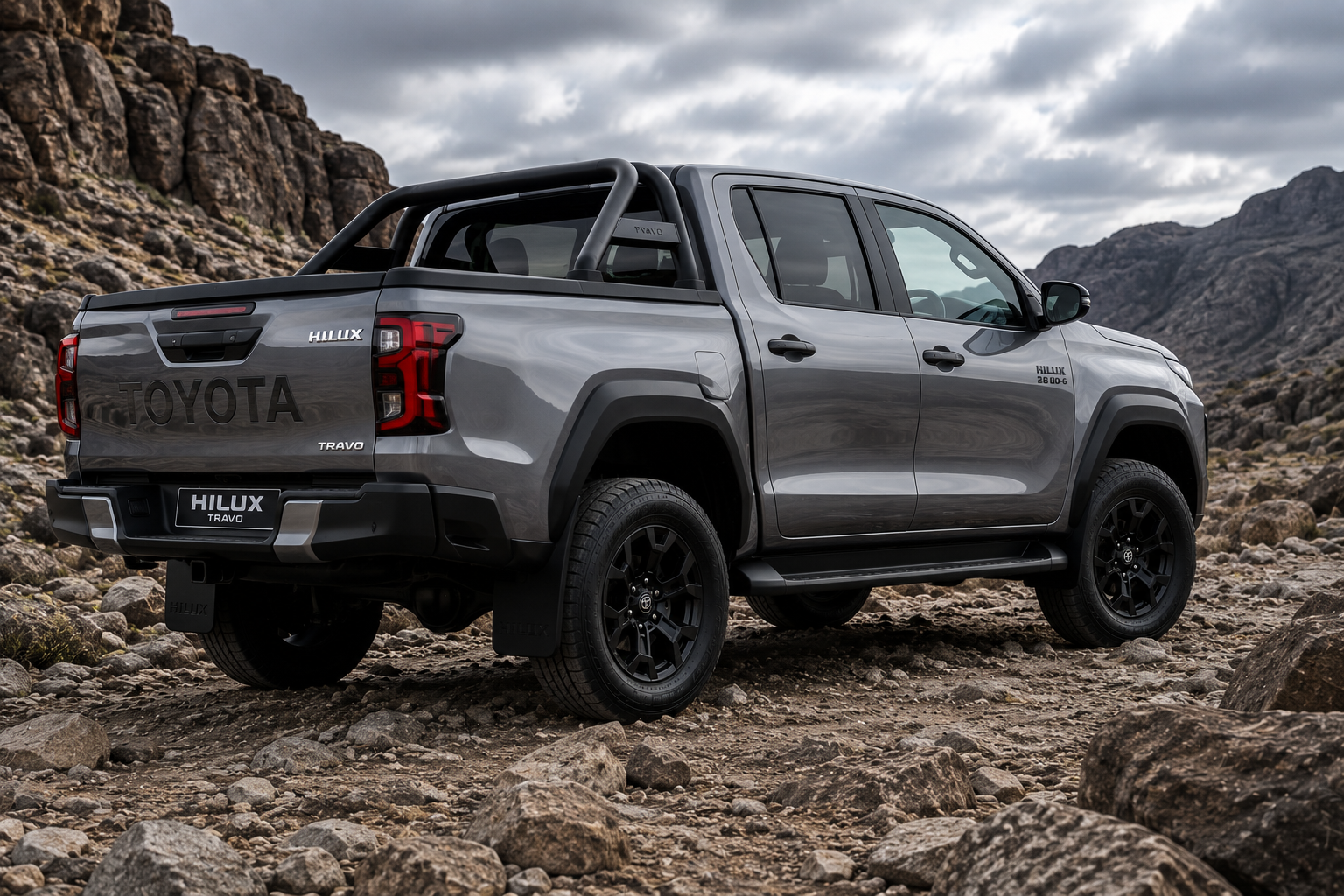 Toyota Hilux Travo rear profile showing commercial flatbed tray utility design